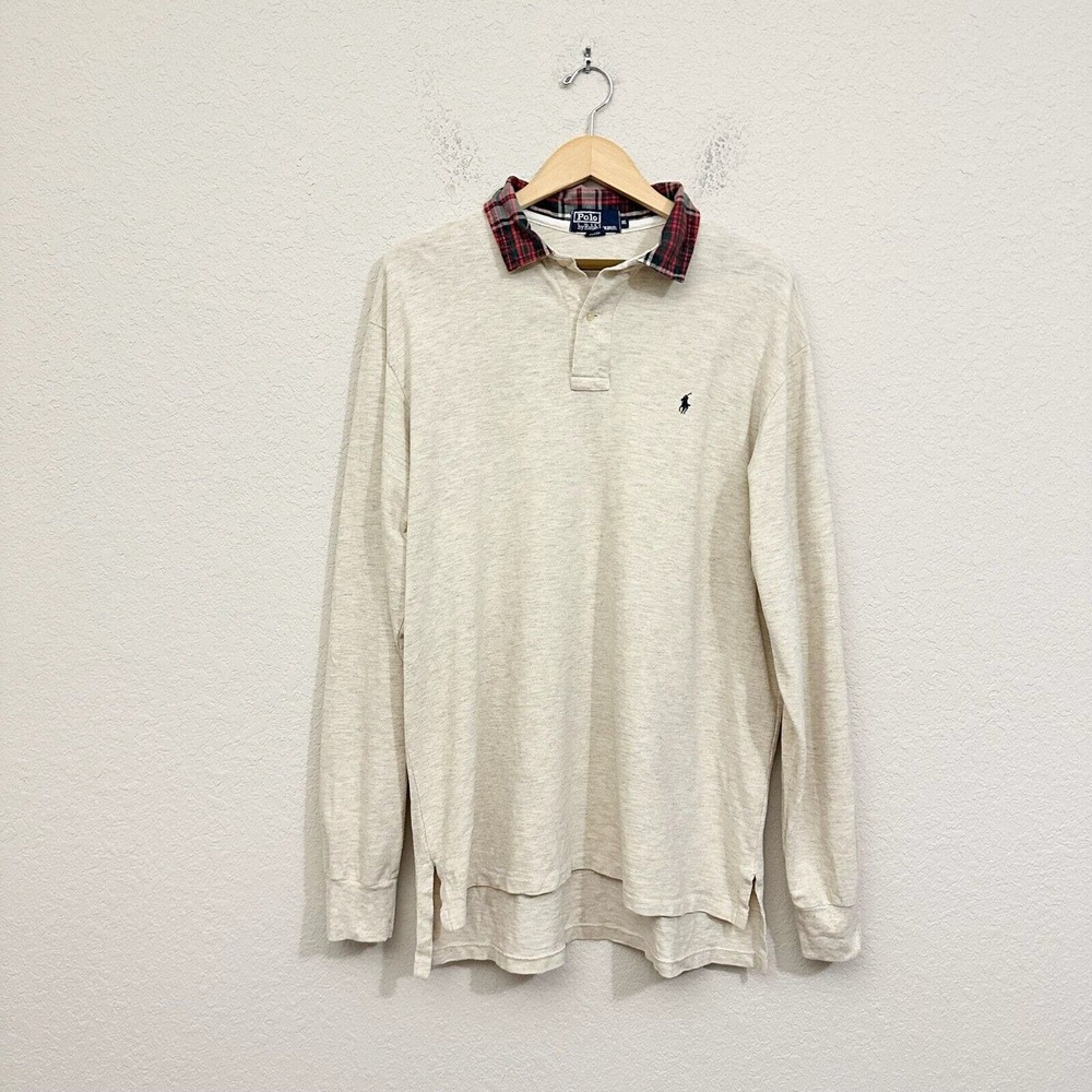 Vintage POLO RALPH LAUREN L/S Pony Polo Shirt w Plaid Collar USA MADE